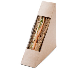 Sandwich with salmon in a cardboard box isolated on a white background.