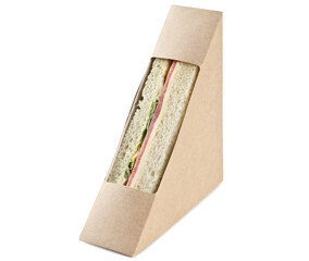 Sandwich with ham and cheese in a cardboard box isolated on a white background.
