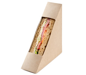 Sandwich from tender turkey in a cardboard box isolated on a white background.