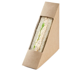 Sandwich with tender chicken fillet in a cardboard box isolated on a white background.