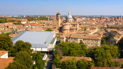 Aerial view of the sports hall in the historic center of Reggio Emilia, Italy. In the background...