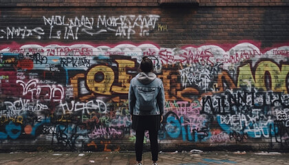 Young adult standing, spraying graffiti on dirty brick wall outdoors generated by AI