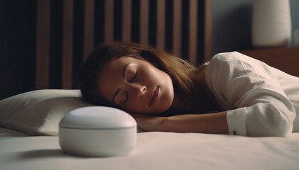 One woman resting comfortably on pillow, enjoying serene domestic life generated by AI