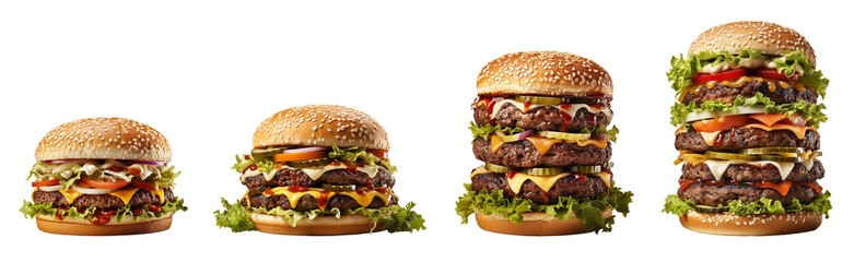 Set of Delicious Single, Double, Triple and Quadruple Hamburgers Isolated on a Transparent Background. Generative AI. Transparent PNG.