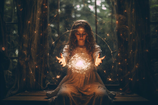 Young woman fortune teller. Prediction of the future. Mystical rituals. 	