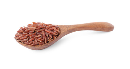 Spoon with raw red rice isolated on white