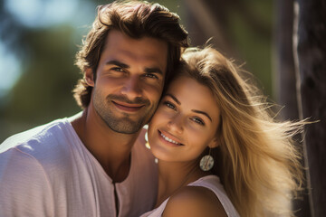 Naklejka premium Young couple portrait two lovers spending time sunny country travelers Generative AI