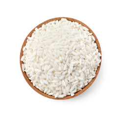 Bowl with raw rice isolated on white, top view