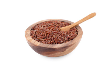 Raw red rice in bowl isolated on white