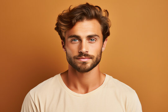 Generative AI portrait of a handsome man model pop star with perfect hairstyle beard isolated on beige background