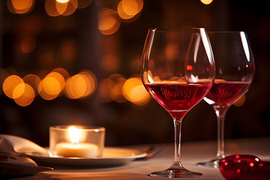 Close-up of a wine glass against a blurred romantic candlelit dinner setting.