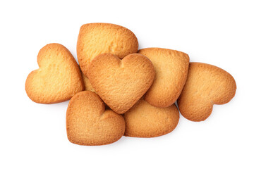 Tasty heart shaped Danish butter cookies isolated on white, top view