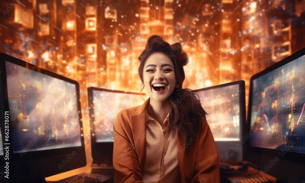 Poster asian female illustration computer programmer lifestyle setting generative ai