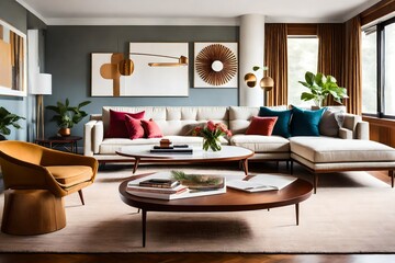  midcentury living room that exudes modernist elegance. The centerpiece of the room should be a low-slung sofa, beautifully designed in the midcentury style, with clean lines and inviting aesthetics.