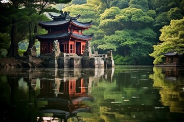 A serene pond within a historical shrine. Tranquil and picturesque scenery. Generative AI