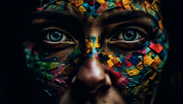 Vibrant face paint adorns young adult in abstract indigenous fashion generated by AI