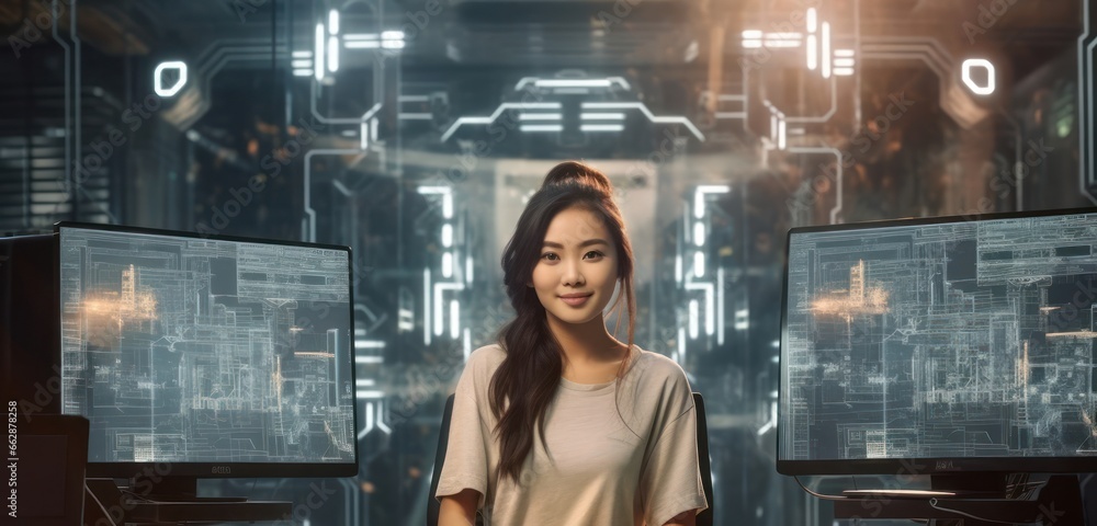 Poster asian woman illustration computer programmer occupation professional setting generative ai