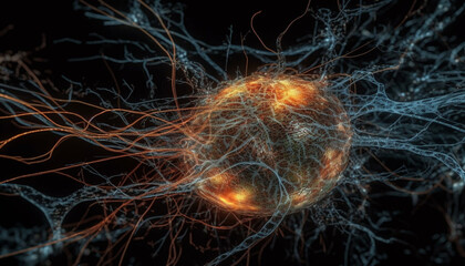 High scale magnification reveals glowing neural axons in human brain generated by AI