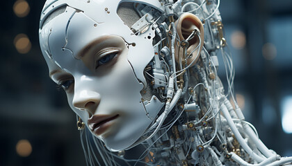 Futuristic robot woman, cyborg portrait, looking at camera, mannequin beauty generated by AI