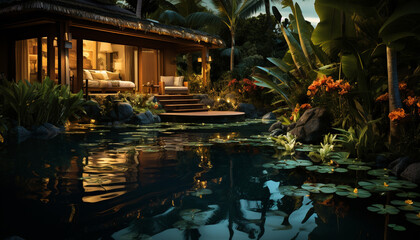Tranquil scene: nature reflection in swimming pool, tropical climate relaxation generated by AI