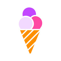 Three scoops of ice cream in a waffle cone line icon. Sweetness, milk, lactose, cooling in hot weather, summer, glaze, filling. Vector color icon on white background for business and advertising.