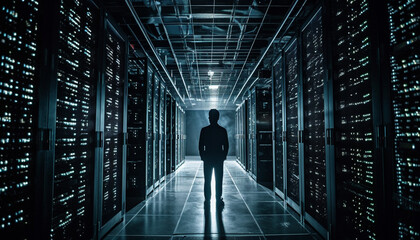 Mid adult businessman walking in futuristic network server room generated by AI - obrazy, fototapety, plakaty