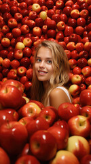 Fototapeta na wymiar Portrait of a smiling young pretty woman against a background of many fresh delicious apple. Lots of apples, vertical banner. 
