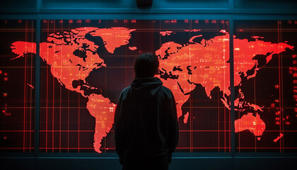 Global businessman standing on glowing world map, using technology for communication generated by AI