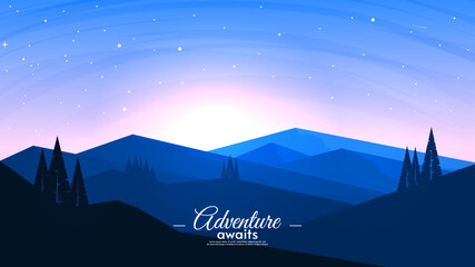Vector illustration. Morning or evening time landscape. Flat style design. Sunset or sunrise. Mountains with hills and trees. Design for background, wallpaper, invitation, greeting card, postcard.