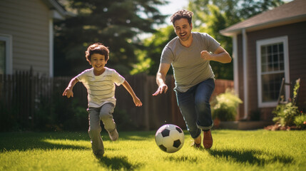 Joyful father and son play with a soccer ball in the front yard of the house - obrazy, fototapety, plakaty
