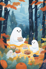 cute ghosts having a picnic in autumn forest with leafs for children's book halloween wallpaper background in textured pencil hand drawn color block sketch illustration style	