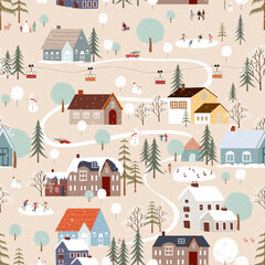Seamless pattern Winter landscape,Celebrating Christmas and New Year 2024  in village at night with happy people playing ice skate in the park,Vector horizontal banner winter wonderland in countryside