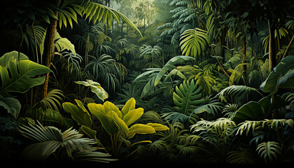 Fototapeta premium Lush tropical rainforest, a green landscape of plants and trees generated by AI