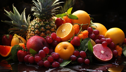 Freshness of nature bounty: pineapple, grape, orange, citrus, green leaf generated by AI