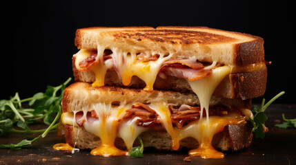 Tasty grilled sandwich with cheese on black background