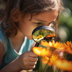 a child looks through a magnifying glass at a beetle, an insect on a flower, young biologist, entomologist, naturalist, scientist, close-up 