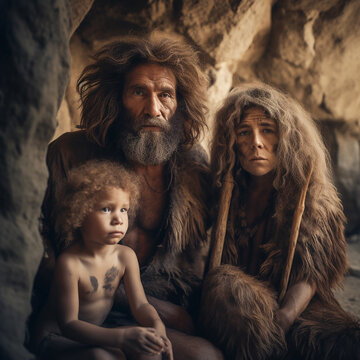 Family of ancient Neanderthal people in cave close-up, man, woman and child with long matted hair dressed in animal skins