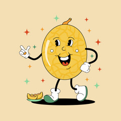 Comic flat honey Melon with face on decorated background. Vector cartoon illustration in groovy retro style with slice. Square image of cute yellow cantaloupe character with smile for poster or banner