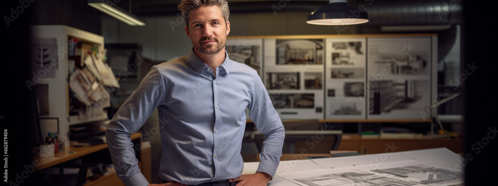Aufkleber male architect stands in an office in front of a desk with various architectural projects