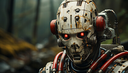 Fototapeta premium Futuristic robotic cyborg armed forces toy, machinery, technology, science generated by AI