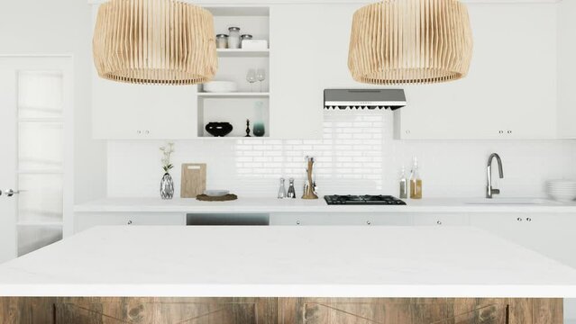 White kitchen with wood island and patterned wood fixtures with kitchen appliances and utensils. 