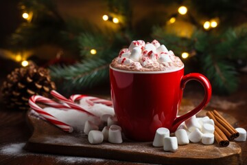 Obraz na płótnie Canvas cozy mug of hot chocolate with festive garnishes in a snowy winter environment, Christmas joy, Generative AI