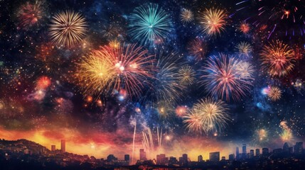 Fototapeta na wymiar fireworks in the night sky, Happy New Year celebration, AI generated