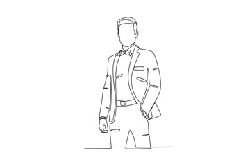 A man wearing formal attire and a bow tie. Tuxedo one-line drawing