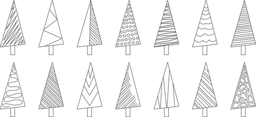 Christmas tree sketch line, xmas doodle vector icon, simple hand drawn outline design. New Year fir and pine set. Black silhouettes isolated on white background. Scribble holiday illustration