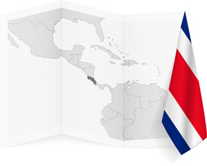 Costa Rica grayscale map and hanging flag.