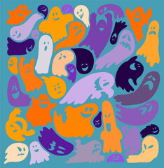 Set of cute colored ghosts. Flat halloween ghosts element template. Collection of cute funny happy ghosts. Childish spooky boo characters for kids. Vector halloween cartoon illustration.