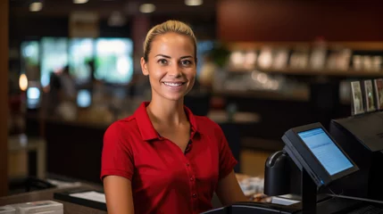 Fotobehang Smiling female cashier at checkout counter with digital tablet in store © MP Studio