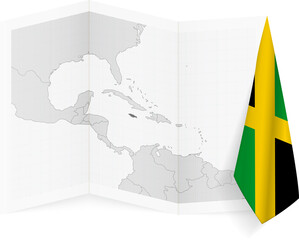 Jamaica grayscale map and hanging flag.