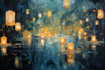 Fototapeta premium Illuminated spirit lanterns, guiding lost souls to their final resting place - Generative AI